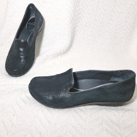 Dansko Olivia Herringbone Pattern Black Leather Loafers Slip On Comfort 38 7.5-8 - Picture 1 of 14